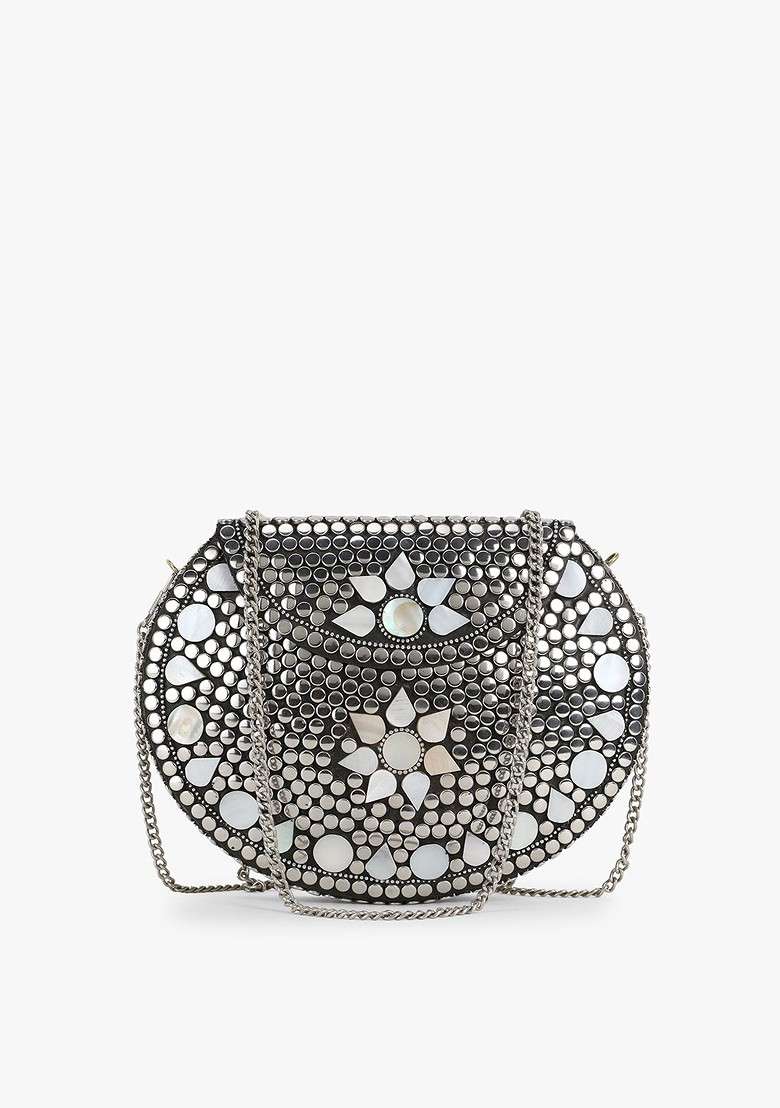 Women Silver Toned Embellished Half Moon Clutch - Indya