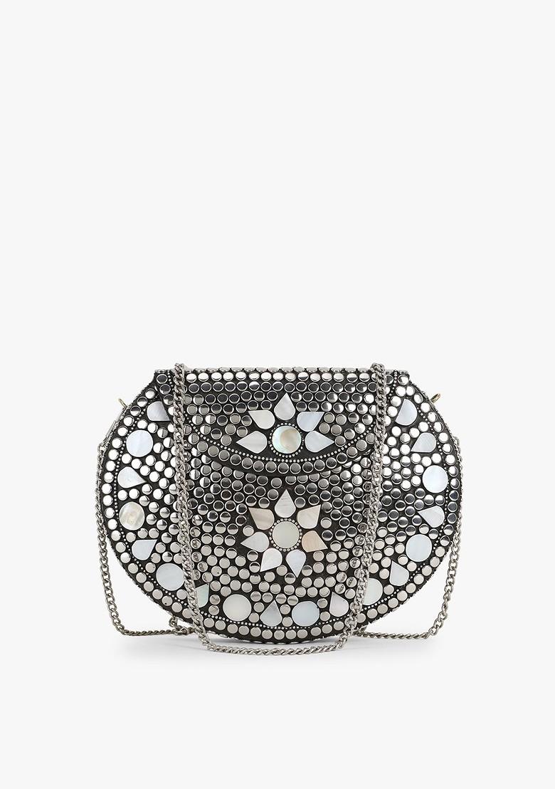 Women Silver Toned Embellished Half Moon Clutch