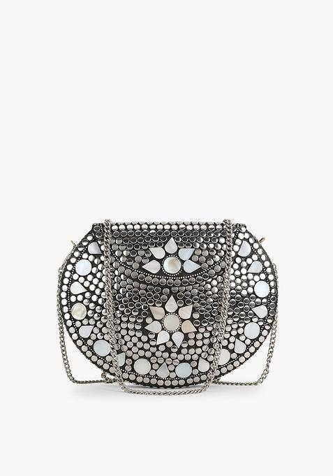 Women Silver Toned Embellished Half Moon Clutch