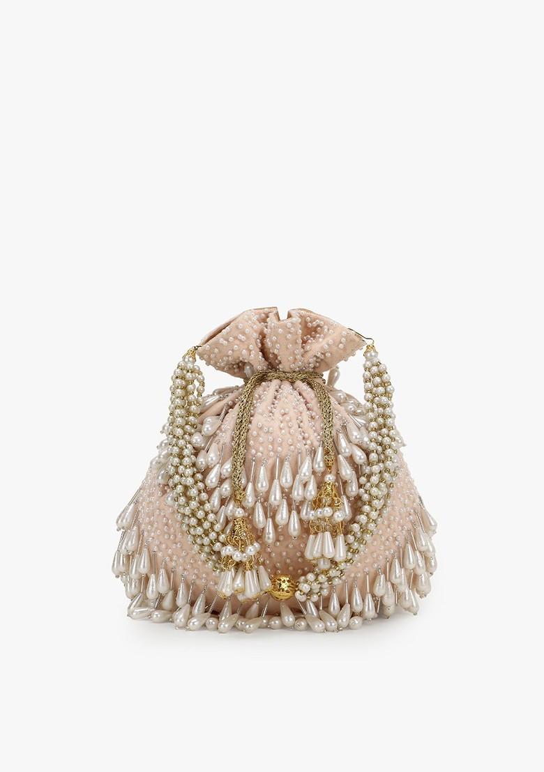 Peach Coloured And White Embroidered Tasselled Velvet Potli Clutch