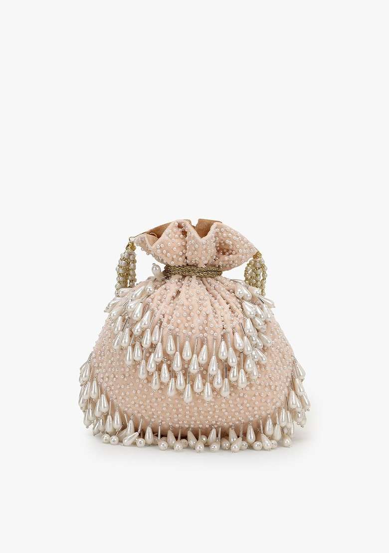 Peach Coloured And White Embroidered Tasselled Velvet Potli Clutch - Indya