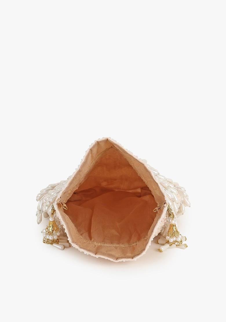 Peach Coloured And White Embroidered Tasselled Velvet Potli Clutch