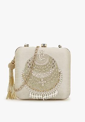 Off White And Gold Toned Embellished Tasselled Box Clutch