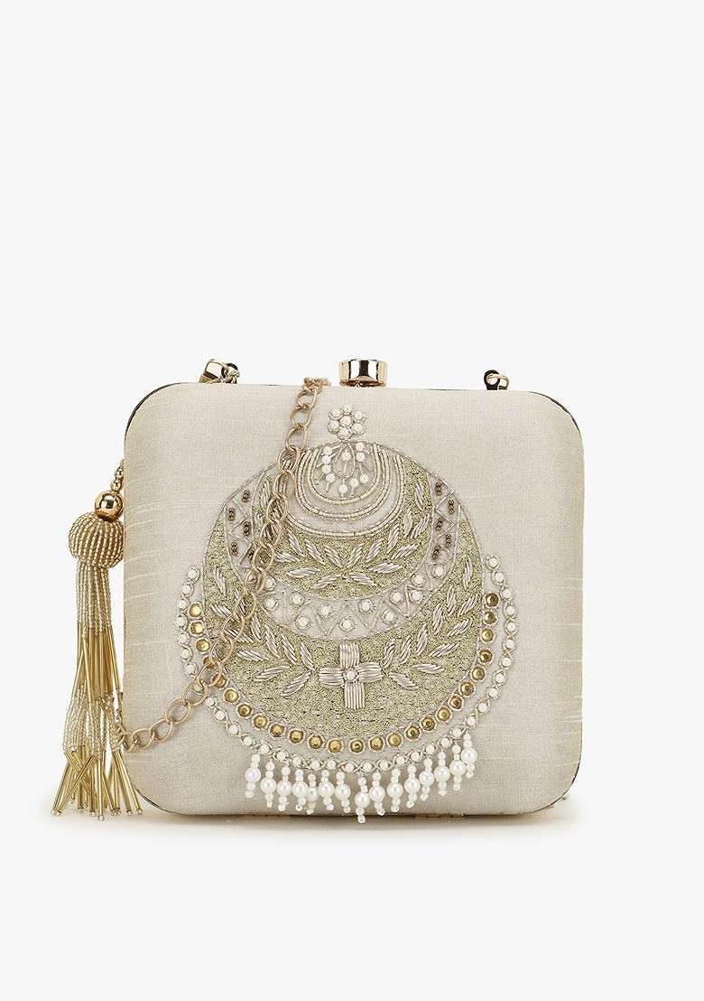 Off White And Gold Toned Embellished Tasselled Box Clutch - Indya