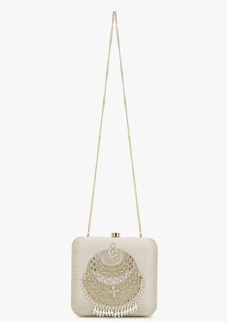 Off White And Gold Toned Embellished Tasselled Box Clutch