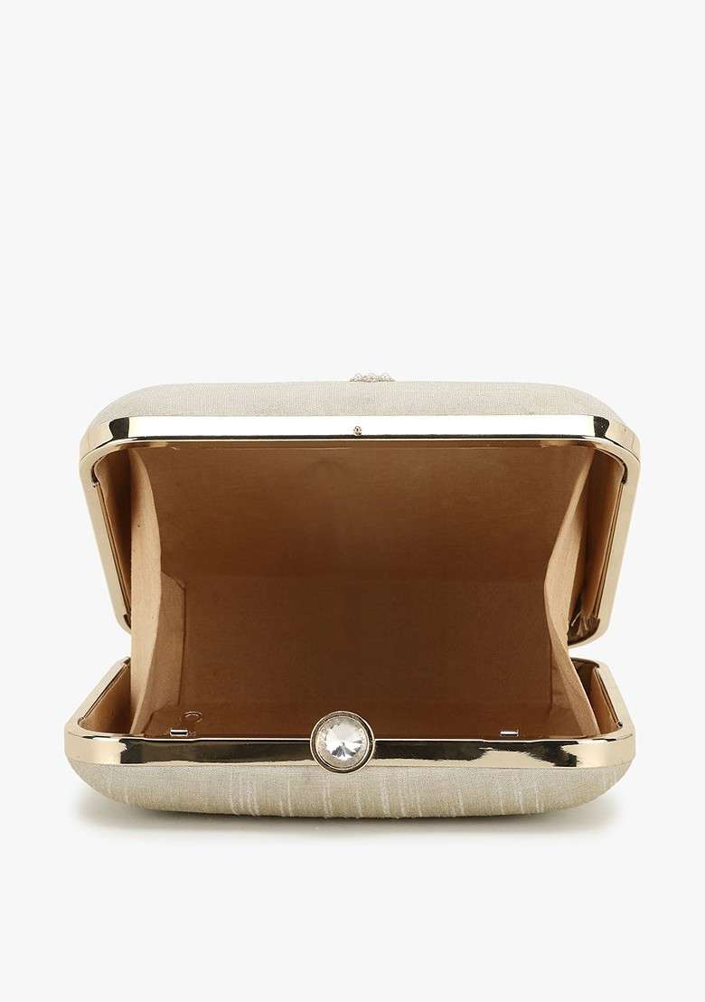 Off White And Gold Toned Embellished Tasselled Box Clutch - Indya