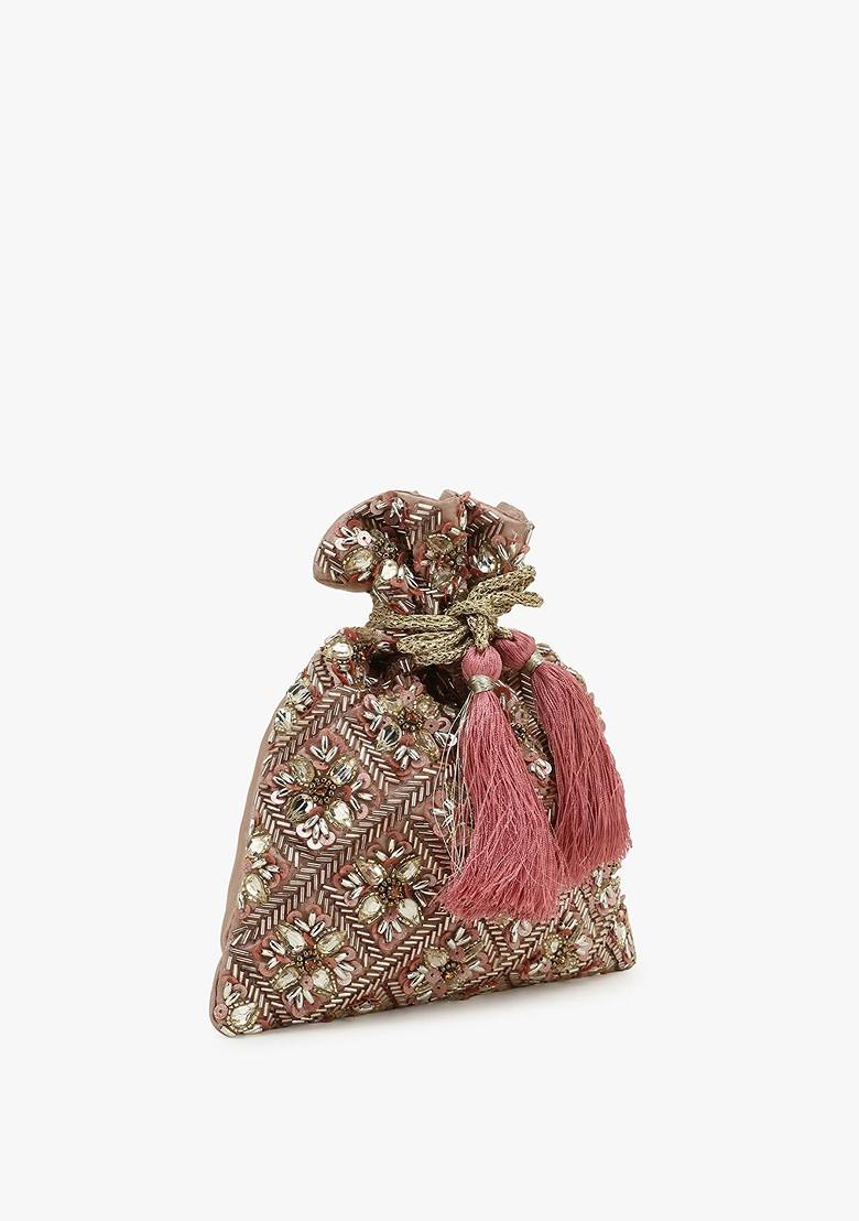 Rose Gold And White Embellished Tasselled Potli Clutch