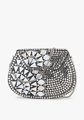 Silver Toned And Black Embellished Half Moon Clutch