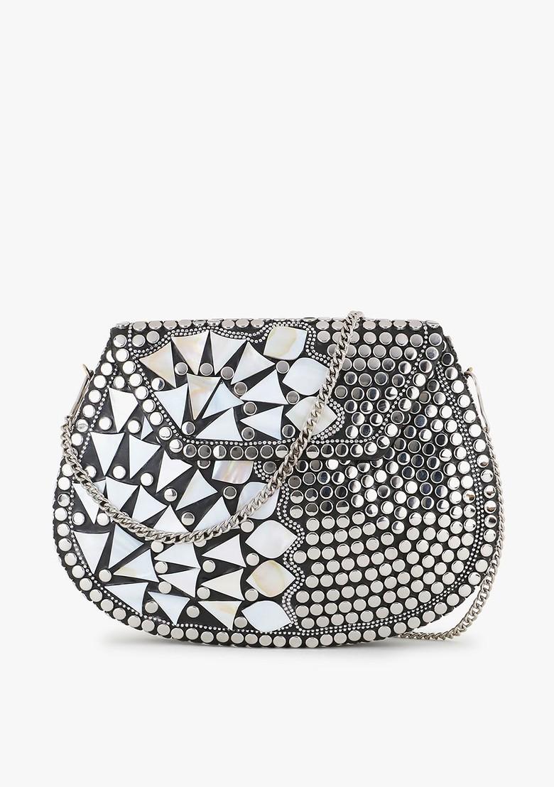 Silver Toned And Black Embellished Half Moon Clutch