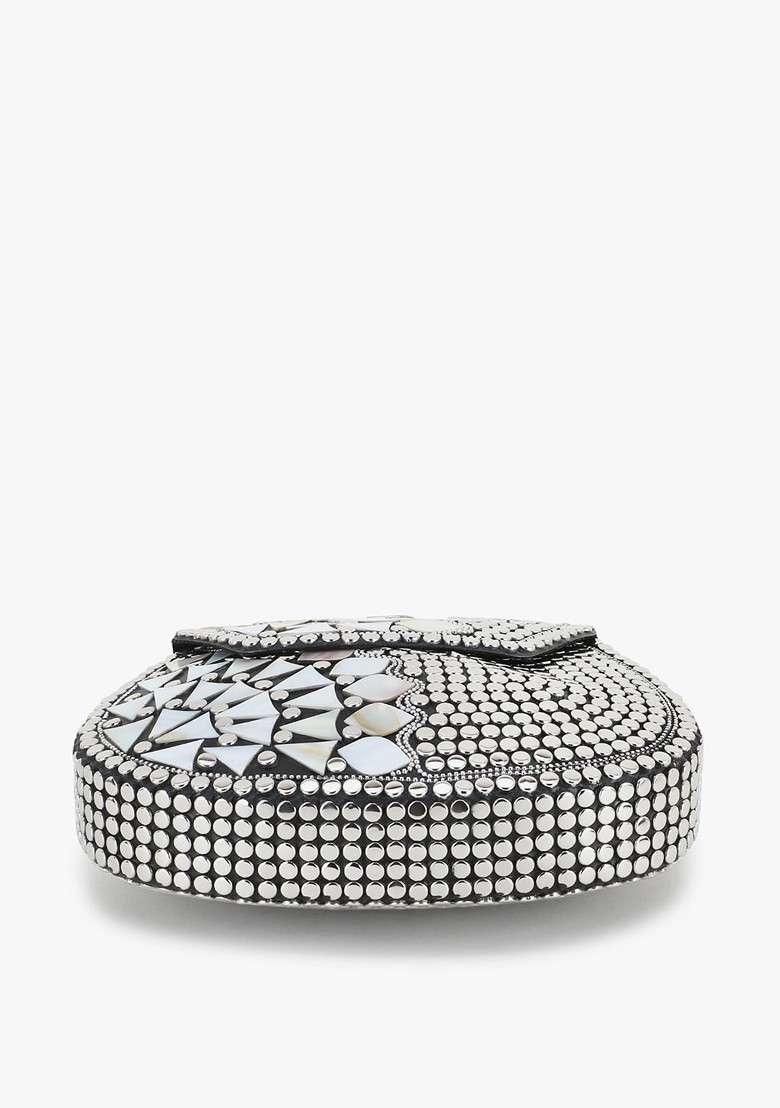 Silver Toned And Black Embellished Half Moon Clutch - Indya