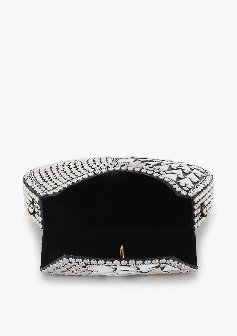 Silver Toned And Black Embellished Half Moon Clutch