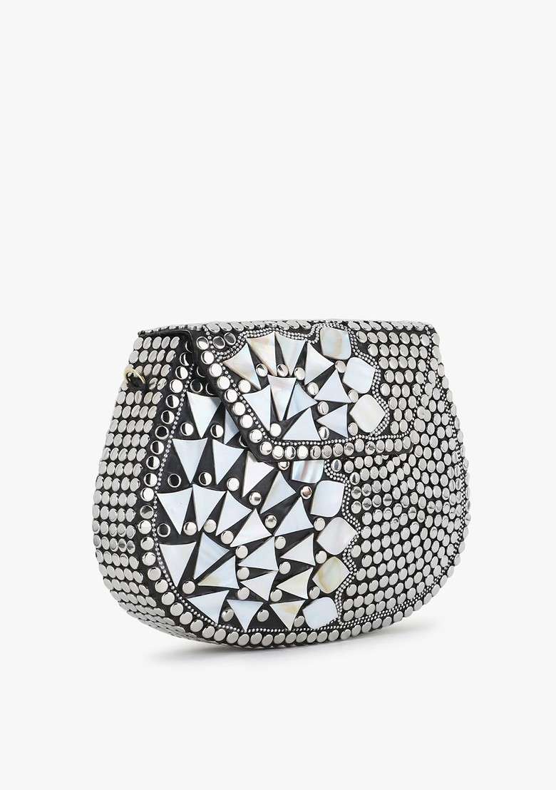 Silver Toned And Black Embellished Half Moon Clutch - Indya