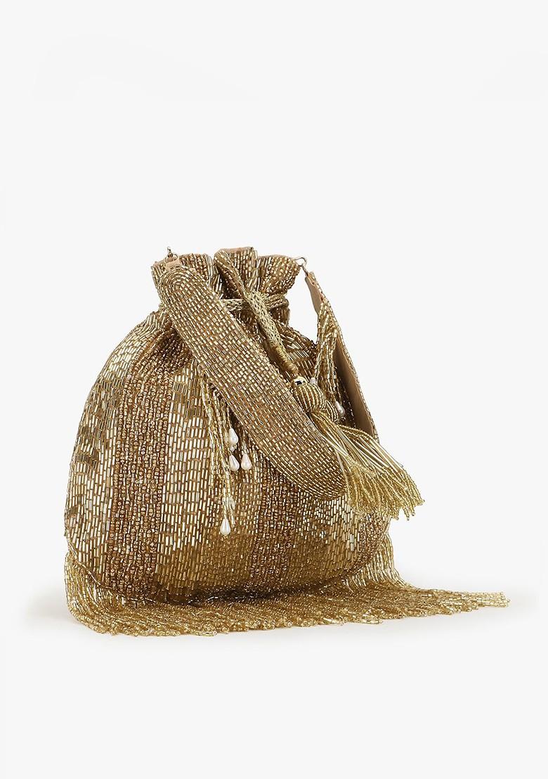 Gold Toned Embellished Tasselled Potli Clutch