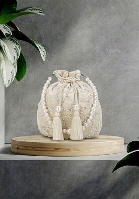 Off White And Silver Toned Embellished Tasselled Potli Clutch