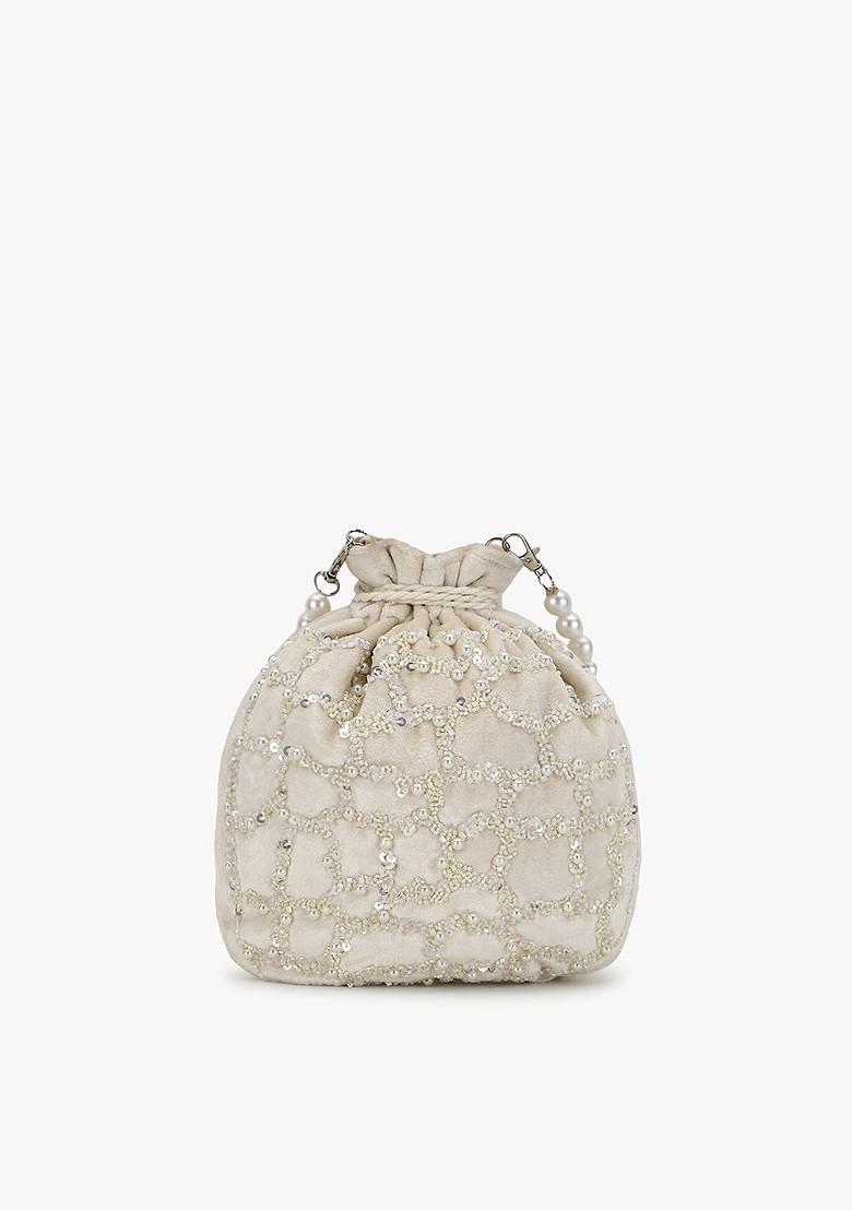 Off White And Silver Toned Embellished Tasselled Potli Clutch