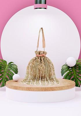 Peach Coloured And Gold Toned Embellished Tasselled Potli Clutch