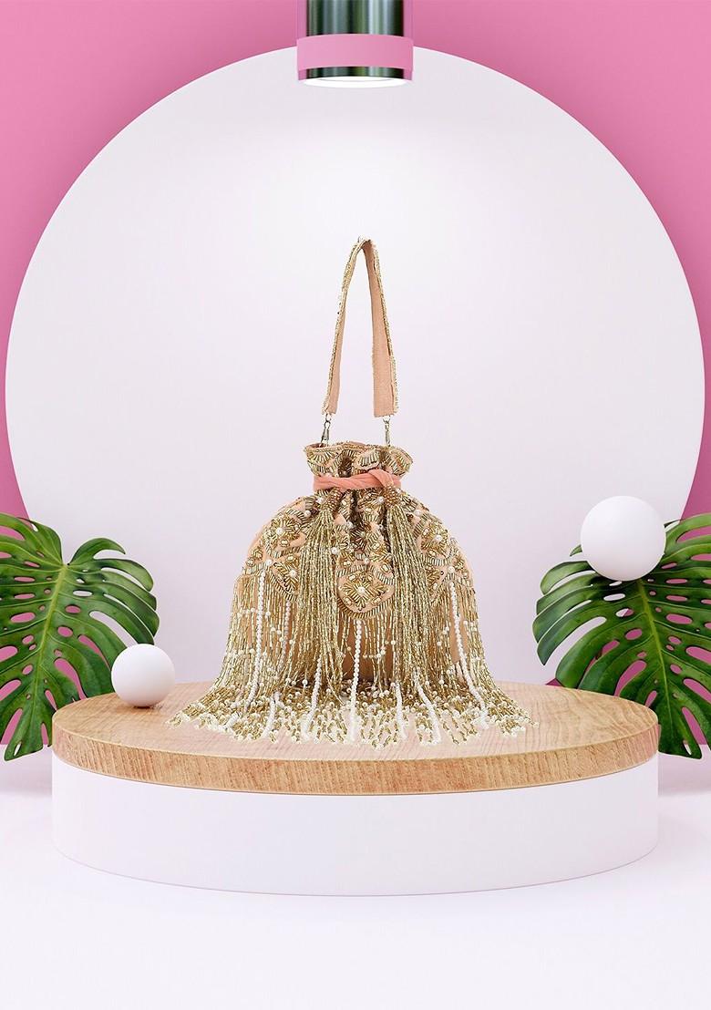 Peach Coloured And Gold Toned Embellished Tasselled Potli Clutch