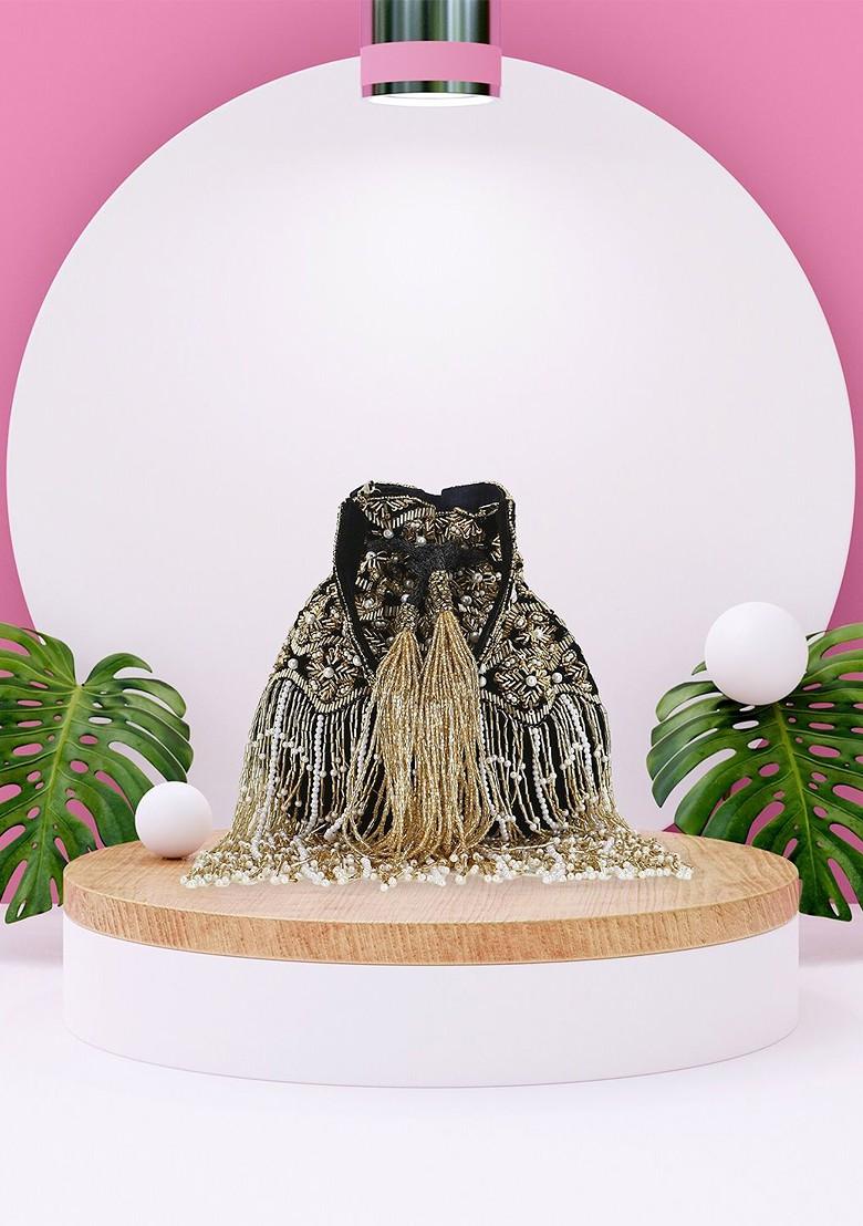 Black And Gold Toned Embellished Tasselled Potli Clutch
