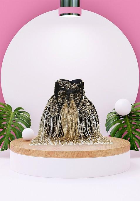Black And Gold Toned Embellished Tasselled Potli Clutch