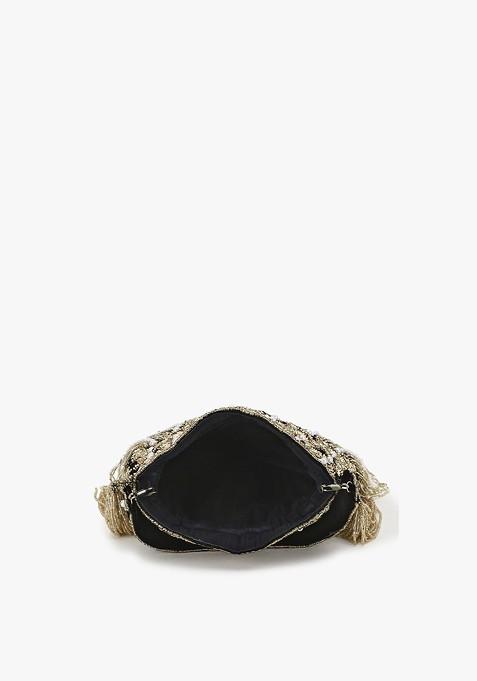 Black And Gold Toned Embellished Tasselled Potli Clutch
