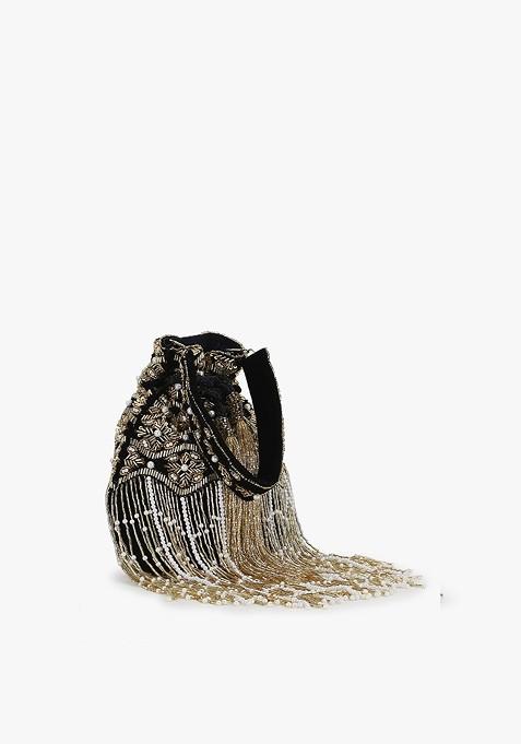 Black And Gold Toned Embellished Tasselled Potli Clutch
