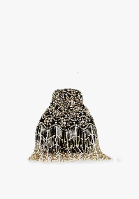 Black And Gold Toned Embellished Tasselled Potli Clutch