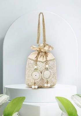 Cream Coloured And Gold Toned Embroidered Tasselled Potli Clutch