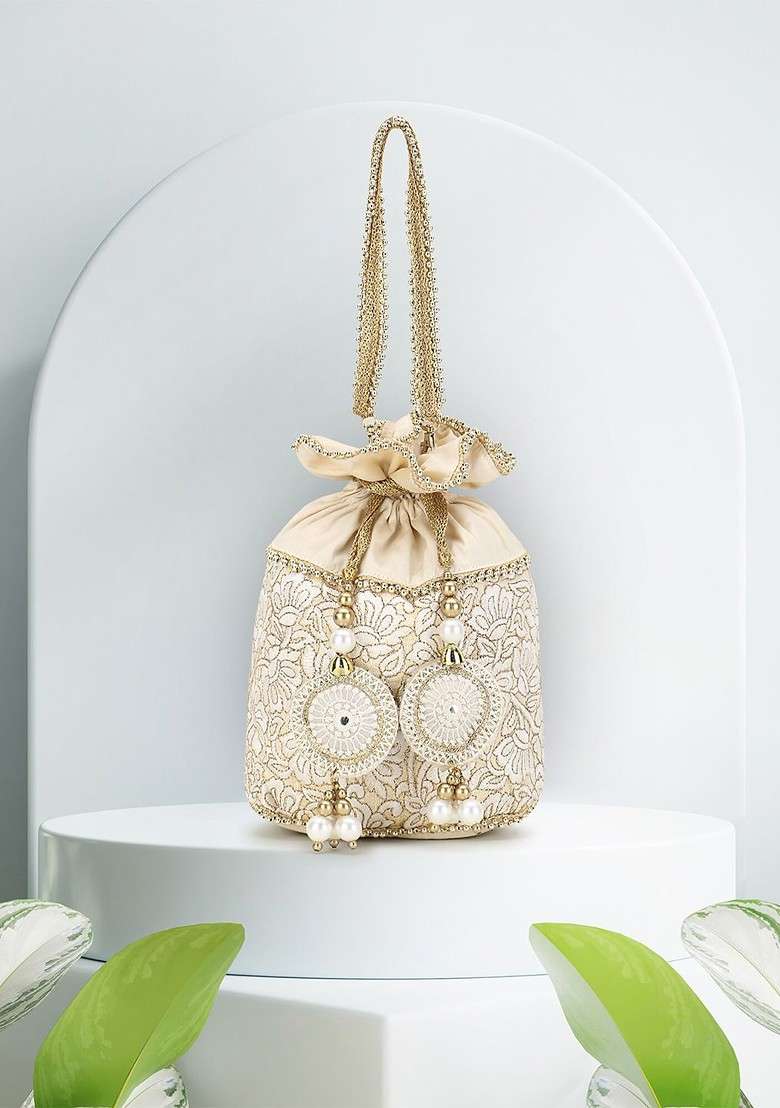 Cream Coloured And Gold Toned Embroidered Tasselled Potli Clutch - Indya