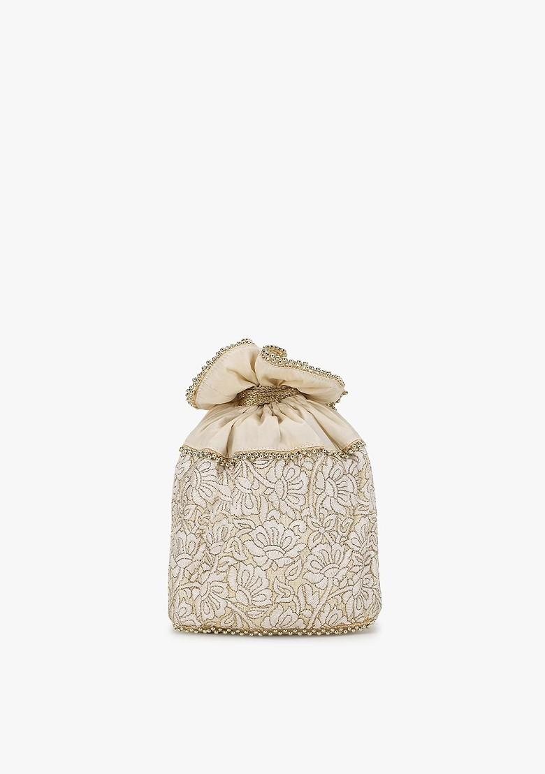 Cream Coloured And Gold Toned Embroidered Tasselled Potli Clutch
