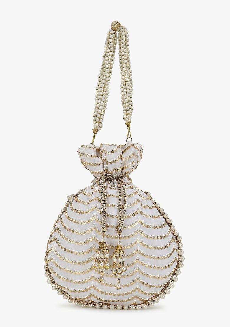 Off White And Gold Toned Embellished Tasselled Potli Clutch