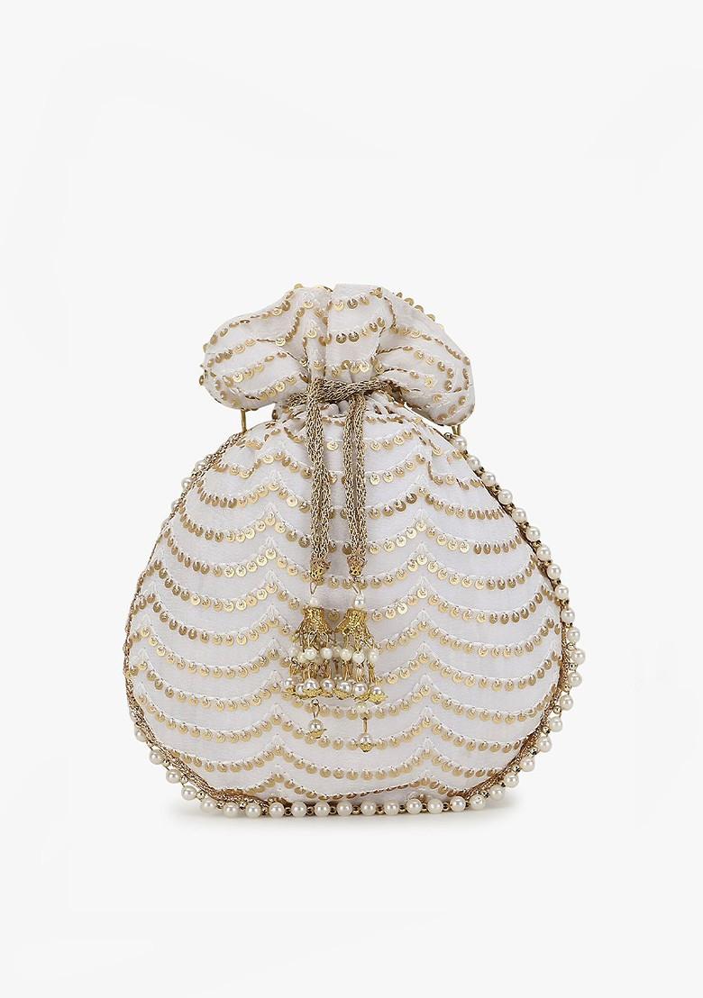 Off White And Gold Toned Embellished Tasselled Potli Clutch