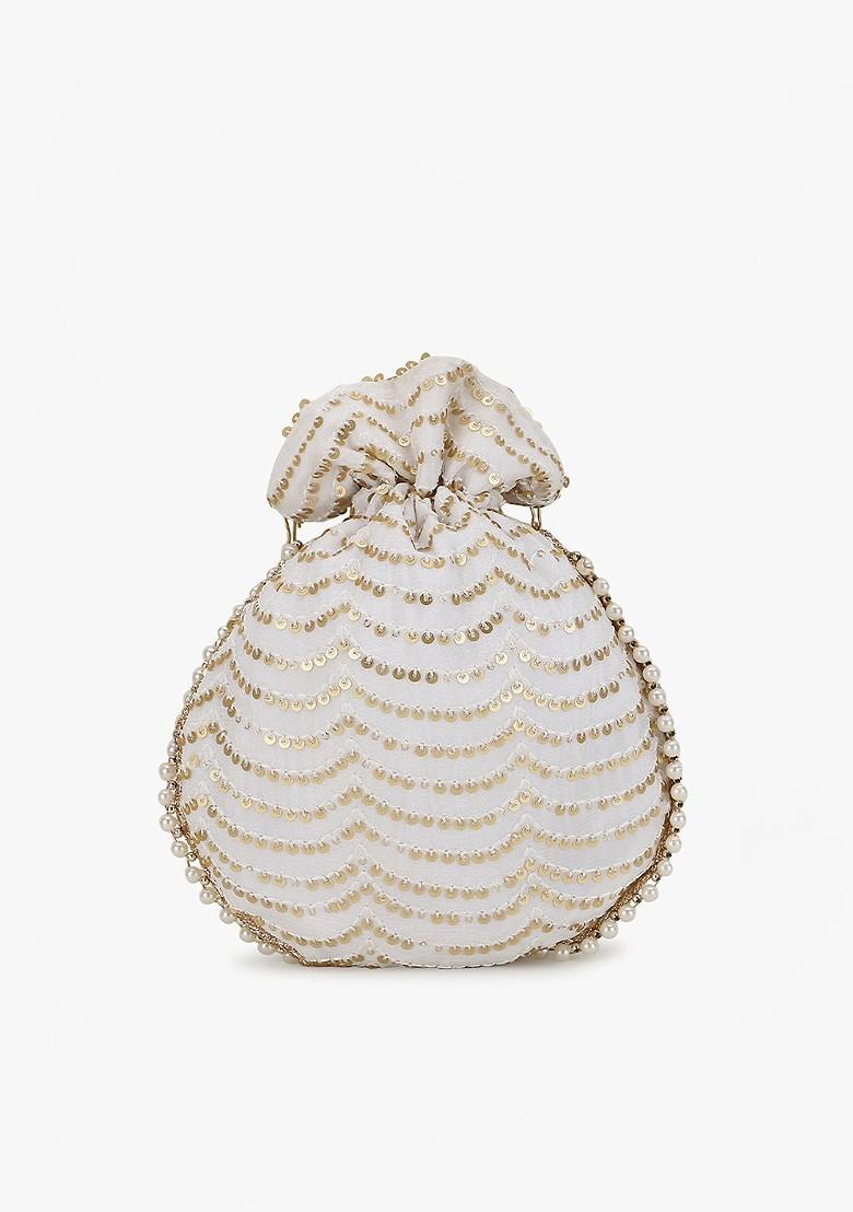 Off White And Gold Toned Embellished Tasselled Potli Clutch