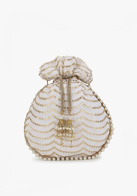 Off White And Gold Toned Embellished Tasselled Potli Clutch
