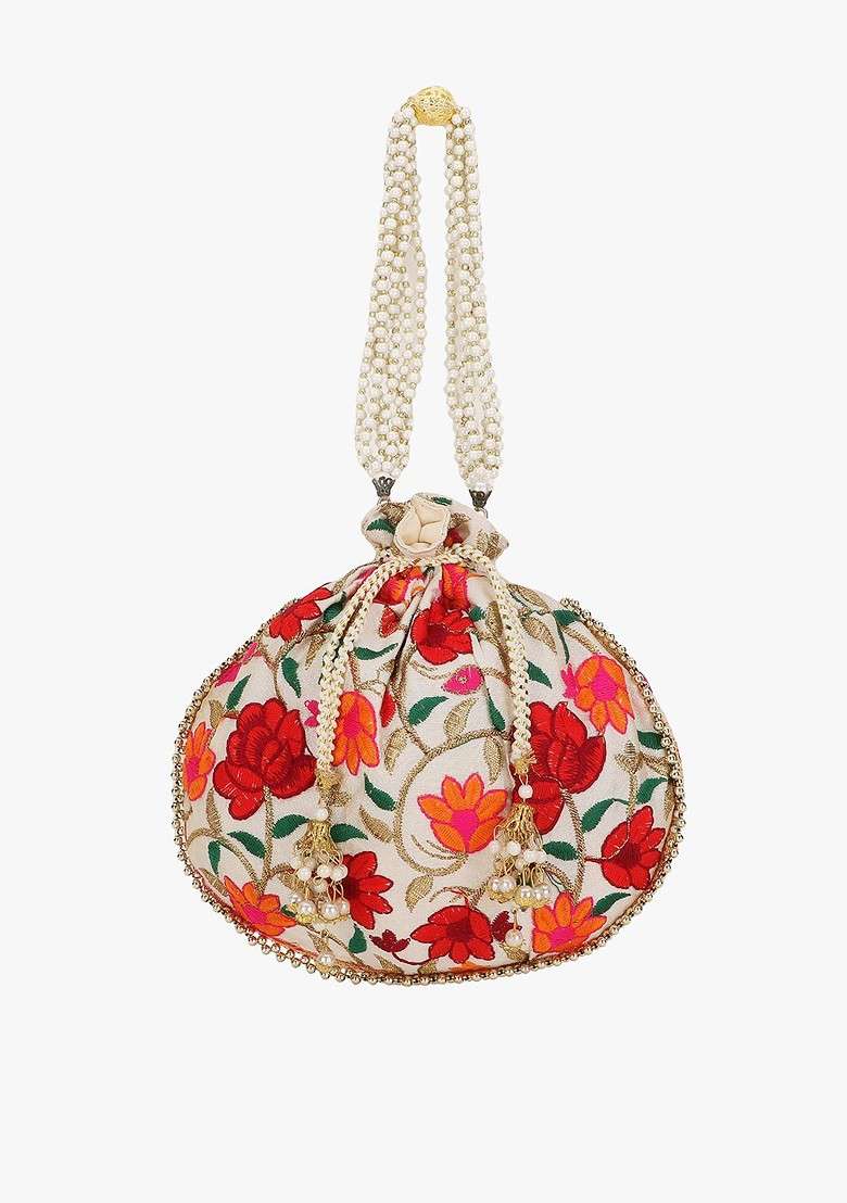 Cream Coloured And Red Embroidered Tasselled Potli Clutch - Indya