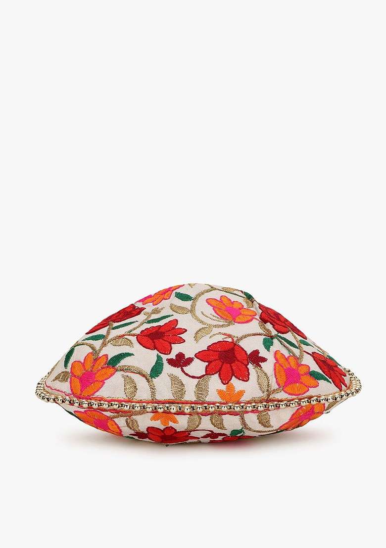 Cream Coloured And Red Embroidered Tasselled Potli Clutch - Indya