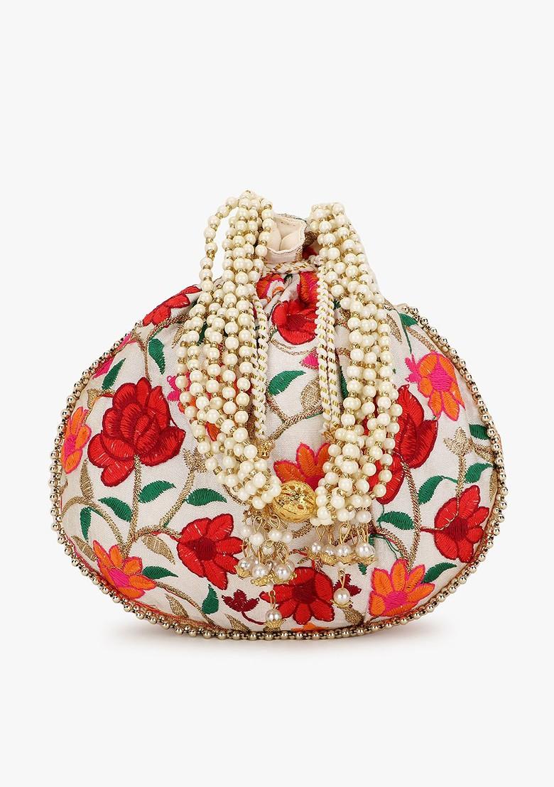 Cream Coloured And Red Embroidered Tasselled Potli Clutch