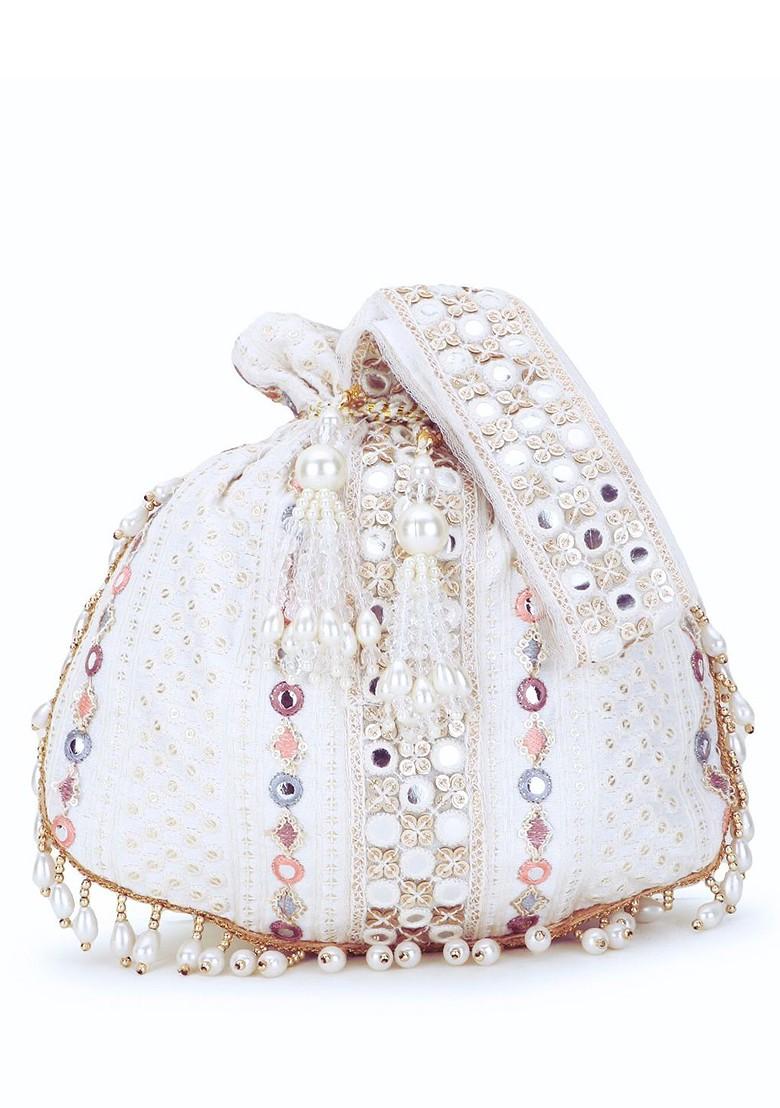 Off White And Purple Embellished Tasselled Potli Clutch