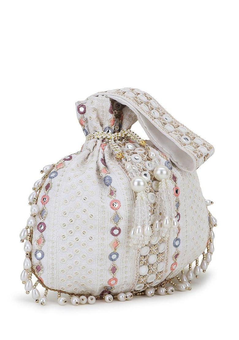 Off White And Purple Embellished Tasselled Potli Clutch