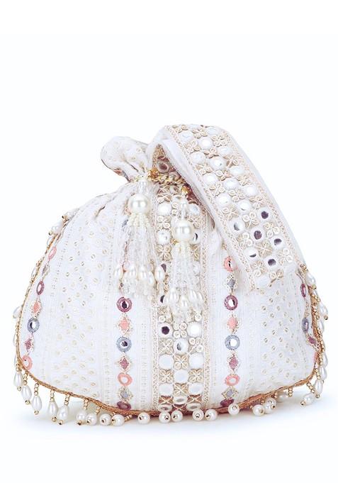Off White And Purple Embellished Tasselled Potli Clutch