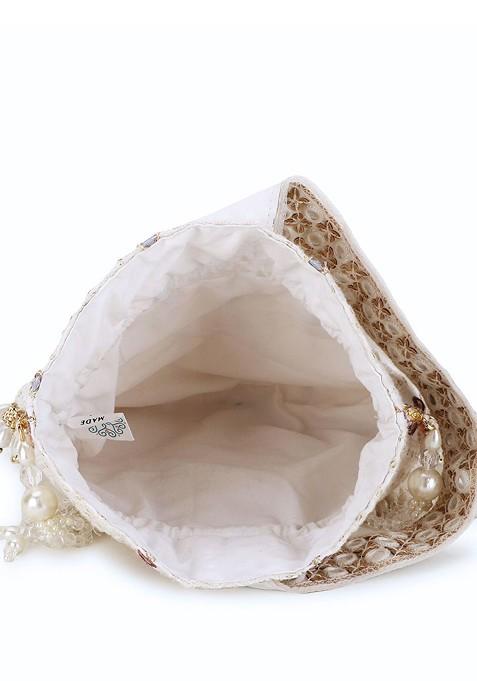 Off White And Purple Embellished Tasselled Potli Clutch
