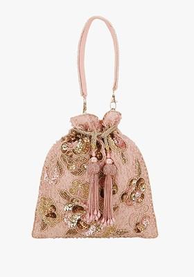 Pink And Gold Toned Embellished Tasselled Potli Clutch
