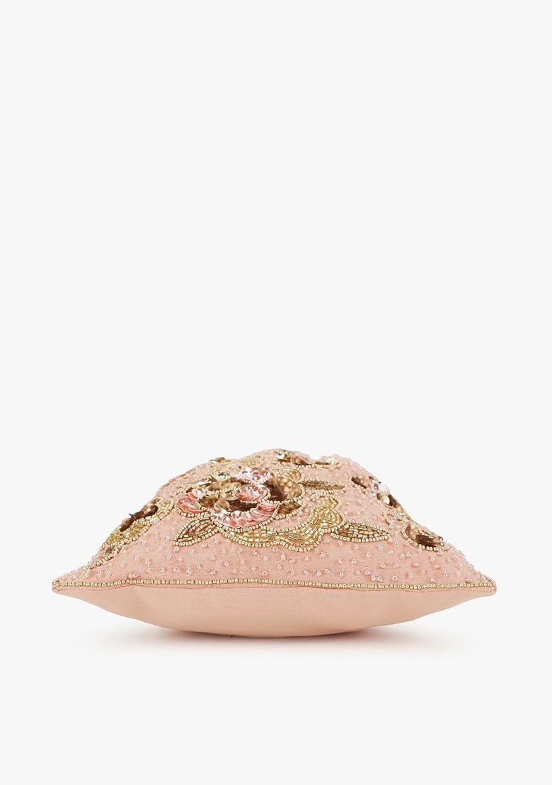 Pink And Gold Toned Embellished Tasselled Potli Clutch