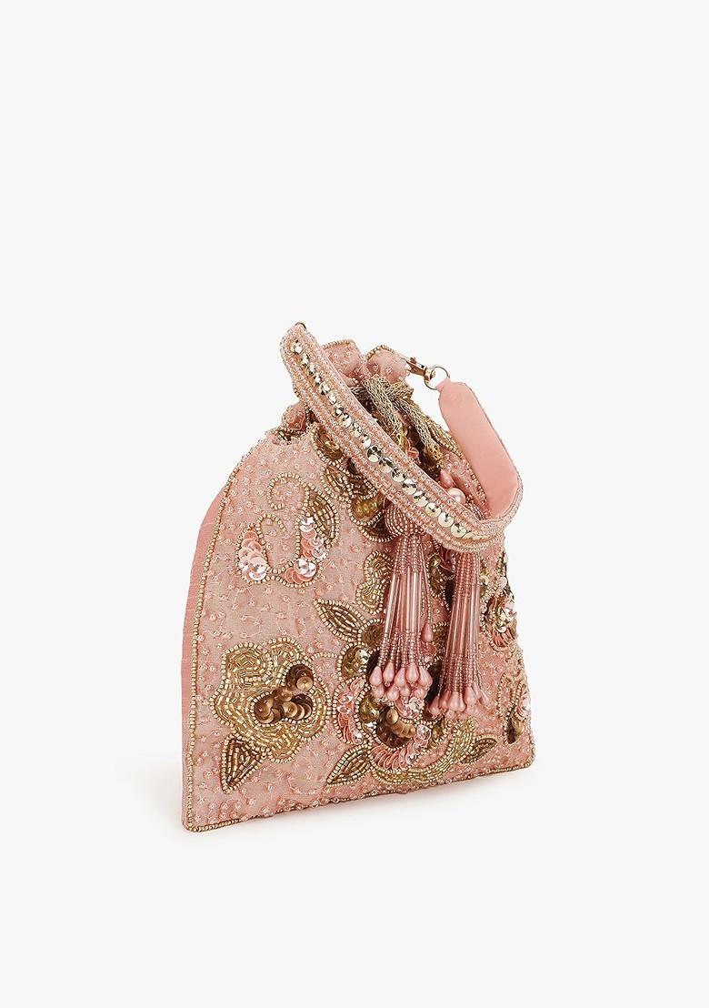 Pink And Gold Toned Embellished Tasselled Potli Clutch