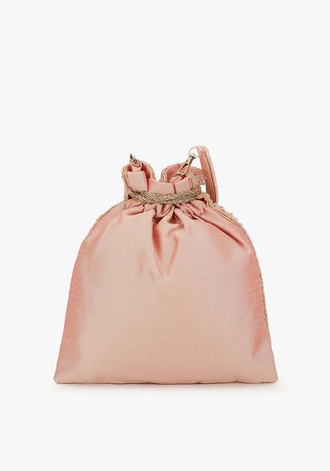 Pink And Gold Toned Embellished Tasselled Potli Clutch