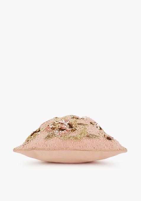 Pink And Gold Toned Embellished Tasselled Potli Clutch