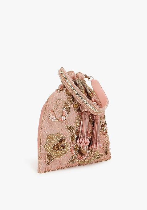 Pink And Gold Toned Embellished Tasselled Potli Clutch