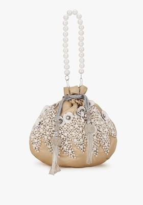 Cream Coloured And White Embellished Tasselled Potli Clutch