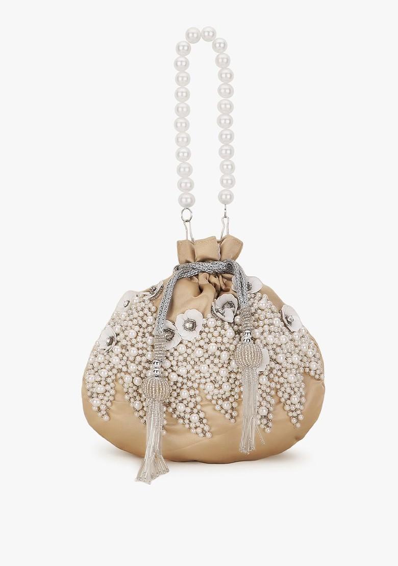Cream Coloured And White Embellished Tasselled Potli Clutch