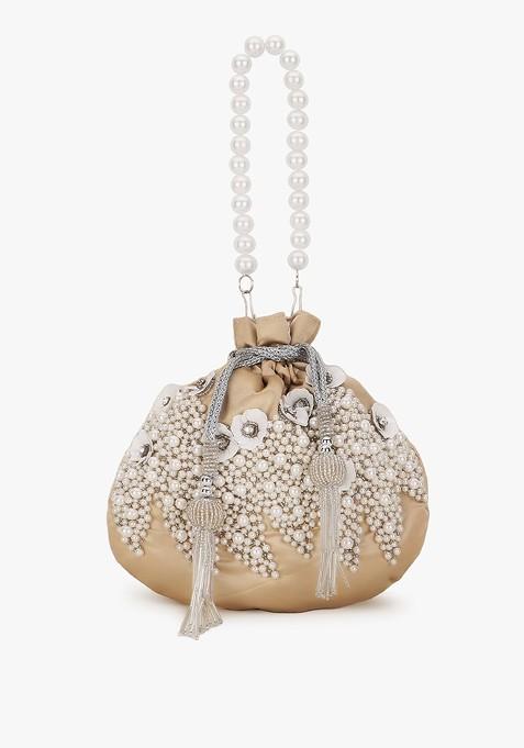 Cream Coloured And White Embellished Tasselled Potli Clutch