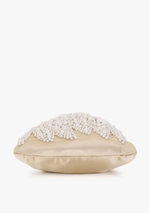 Cream Coloured And White Embellished Tasselled Potli Clutch